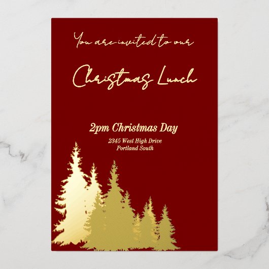 Diepe Rode Boter Gele Bomen Vrolijk Kerstgoud Folie Uitnodiging (Voorkant)