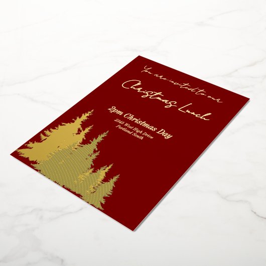 Diepe Rode Boter Gele Bomen Vrolijk Kerstgoud Folie Uitnodiging (Gedraaid)