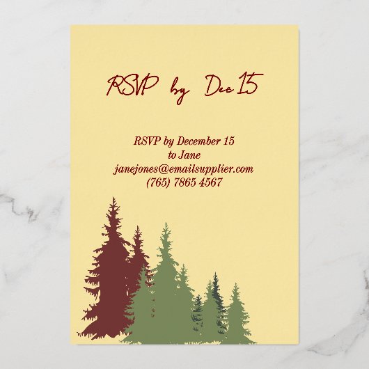 Diepe Rode Boter Gele Bomen Vrolijk Kerstgoud Folie Uitnodiging (Achterkant)