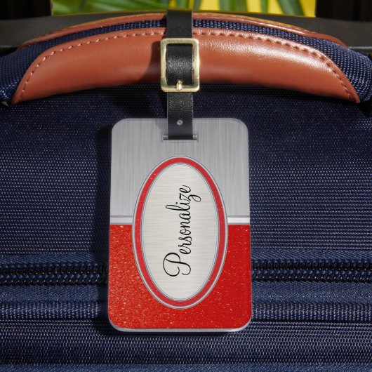 Diepe rode glitter en afdrukken in penseelstaal bagagelabel (Voorkant Insitu 2)