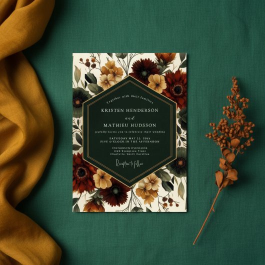 Diepe Rode Herfst Bloemrijke Elegantie Trouwdag Kaart