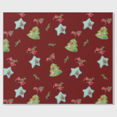Diepe rode kerstdecorpties cadeaupapier (Vlak)