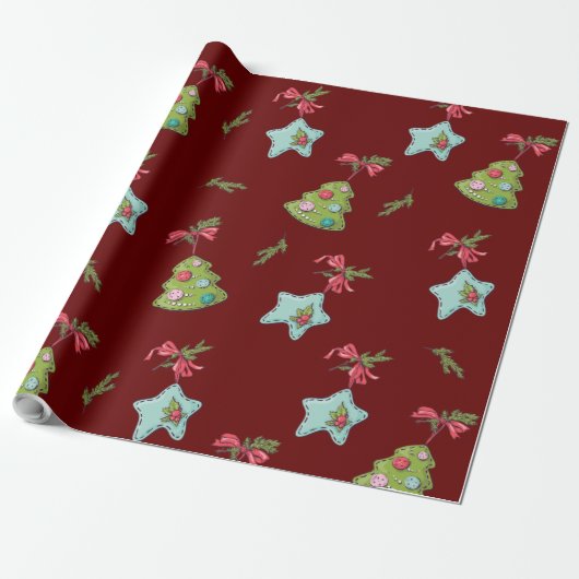 Diepe rode kerstdecorpties cadeaupapier (Uitgerold)