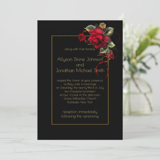 Diepe rode rozen groen goud sparkles bruiloft | kaart (Staand voorkant)