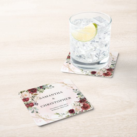 Diepe Rode rozen vers groen gouden bruiloft Kartonnen Onderzetters (Insitu)