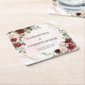 Diepe Rode rozen vers groen gouden bruiloft Kartonnen Onderzetters (Schuin)