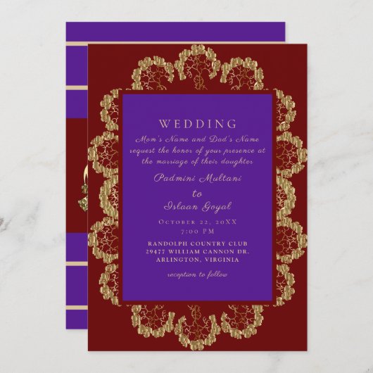 Diepe Rood en Paars Indische Style II Weddenschap Kaart (Voorkant / Achterkant)