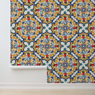 Diepe Saffraanrode Bloemrijke Siciliaanse Majolica Behang