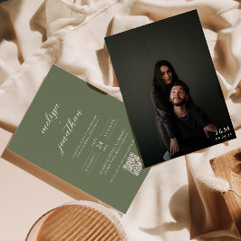 Diepe Sage Groene Foto Monogram QR Code Bruiloft Kaart