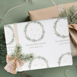 Diepe Sage Krans Gouden Sterren Kerstmis Familie N Cadeaupapier