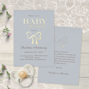 Diepe Stof Blauw Elegante Strik Baby Shower Folie Uitnodiging
