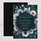 Diepe Teal Bloemrijke Romantische Bruiloft Kaart (Voorkant / Achterkant)