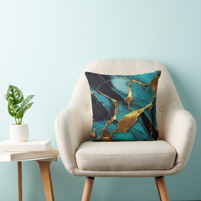 Diepe Teal Marmer met Krachtige Gouden Aders Kussen (Stoel)