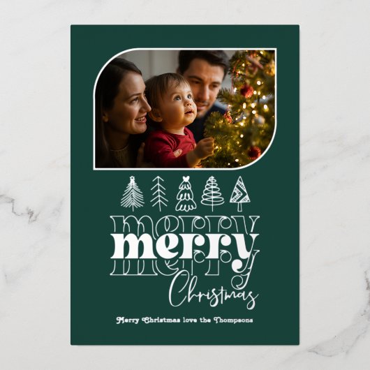 Diepe Teal & Zilveren Retro Doodle Kerst Foto Folie Feestdagenkaart (Voorkant)