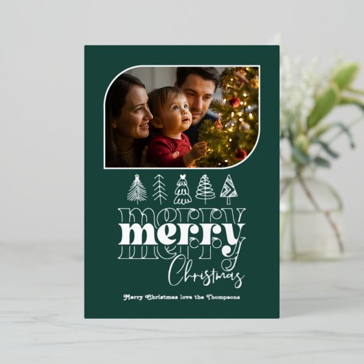 Diepe Teal & Zilveren Retro Doodle Kerst Foto Folie Feestdagenkaart (Staand Voorkant)