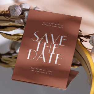 Diepe Terracotta Moderne Bruiloft   Aardse Foto &  Save The Date
