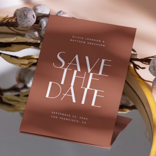Diepe Terracotta Moderne Bruiloft | Aardse Foto & Save The Date