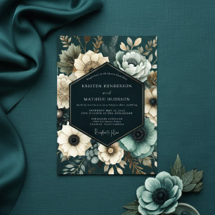 Diepe Turquoise Botanische Romantische Bruiloft Kaart