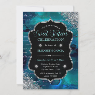Diepe Turquoise Glitter Meermin Letters Sweet 16 Kaart