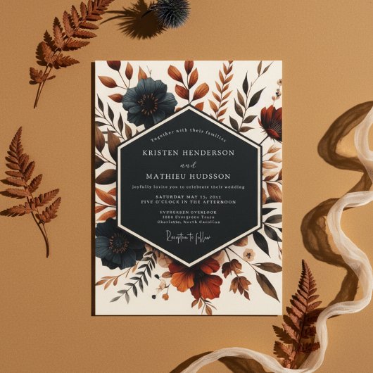 Diepe Turquoise Herfstbloei Bruiloft Kaart