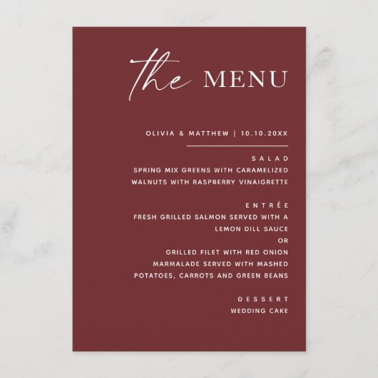 Diepe Wijnrode Herfst Bruiloft | Elegant Moderne S Menu (Voorkant)