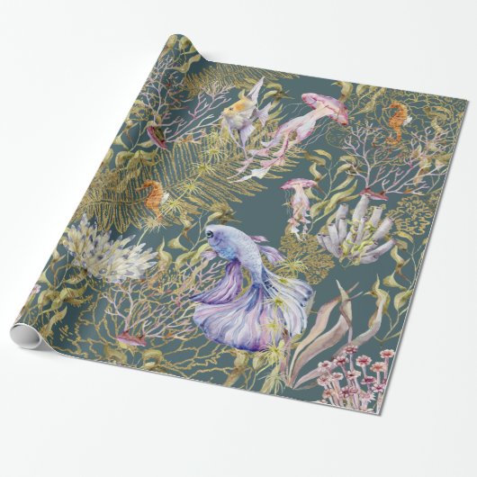Diepe Zee Gold Shimmer onderwater Koral Fish Cadeaupapier (Uitgerold)