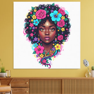 Diepe zwarte vrouw met felgekleurde bloemen in haa canvas afdruk
