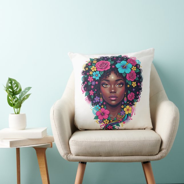 Diepe Zwarte Vrouw Met Helder Bloemversierde Afro Kussen (Stoel)