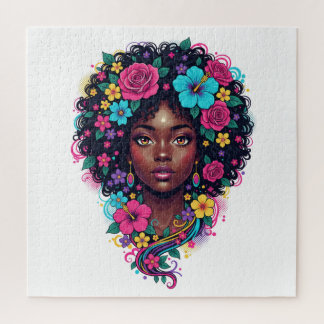 Diepe Zwarte Vrouw Met Helder Bloemversierde Afro Legpuzzel
