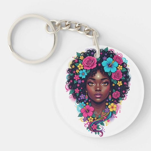 Diepe Zwarte Vrouw Met Helder Bloemversierde Afro Sleutelhanger (Voorkant)