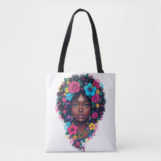 Diepe zwarte vrouw met helder bloemversierde Afro Tote Bag