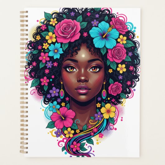 Diepe zwarte vrouw met heldere bloem versierde Afr Planner (Voorkant)