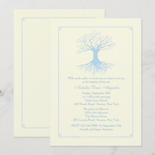 Diepgewortelde blauwe doop uitnodiging (Voorkant / Achterkant)