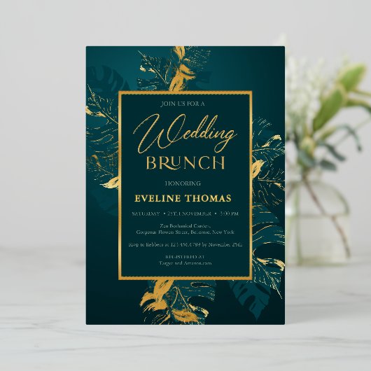 Diepgroene bruine en echte gouden folie bruiloft b folie uitnodiging (Staand Voorkant)