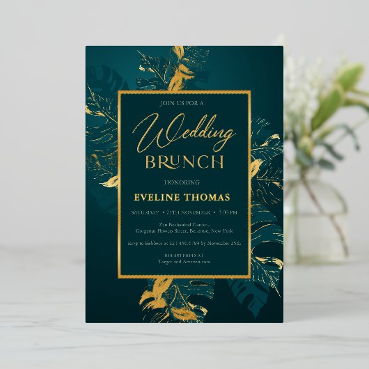 Diepgroene bruine en echte gouden folie bruiloft b uitnodiging (Staand Voorkant)