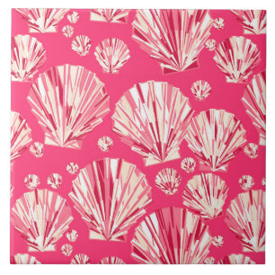 Diepkoraal en Pastel Roze Zeeschalen Tegeltje
