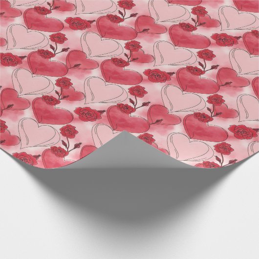 Dieprode en blozende roze harten en rozen cadeaupapier (Hoek)