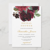 Dieprode merlot bloemen en gouden winter bruids kaart (Voorkant)