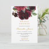 Dieprode merlot bloemen en gouden winter bruids kaart (Staand voorkant)