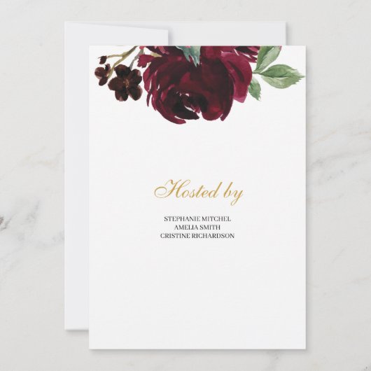 Dieprode merlot bloemen en gouden winter bruids kaart (Achterkant)