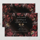 Dieprode Roest Rozen & Schedels Gotische Bruiloft Kaart (Voorkant / Achterkant)