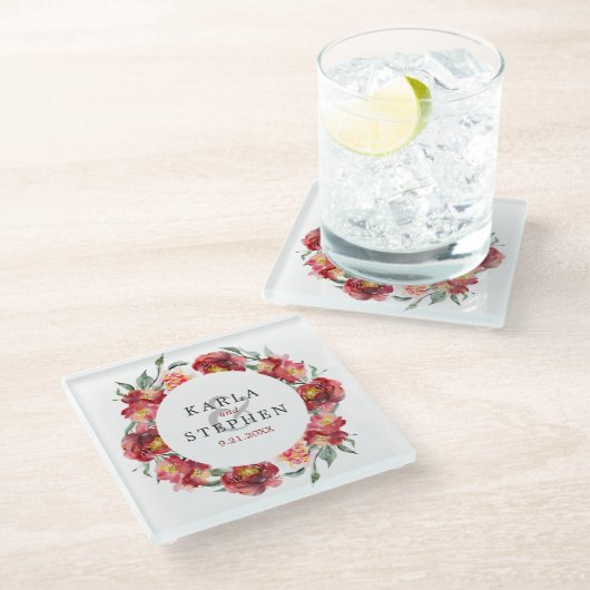 Dieprode Waterverf Bloemen Trouwkrans Glazen Onderzetter (Schuin)