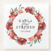 Dieprode Waterverf Bloemen Trouwkrans Glazen Onderzetter (Voorkant)