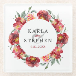 Dieprode Waterverf Bloemen Trouwkrans Glazen Onderzetter