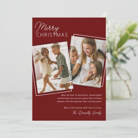 Dieprood 2 Foto Kerstmis Feestdagenkaart (Staand voorkant)