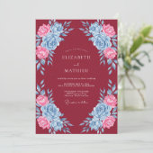 Dieprood Blauw Roze Bloemige Bruiloft Kaart (Staand voorkant)