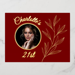 Dieprood Bord Geel & Graphic Gold Leaf Verjaardag Folie Uitnodiging Briefkaart
