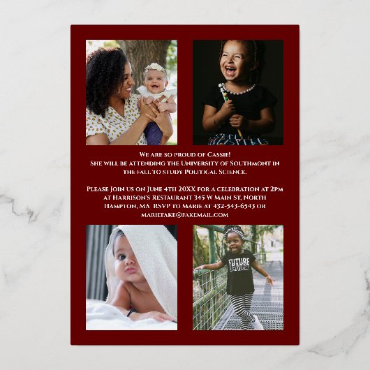 Dieprood Gouden Confetti Folie Afstudeer Uitnodigi Folie Uitnodiging (Achterkant)