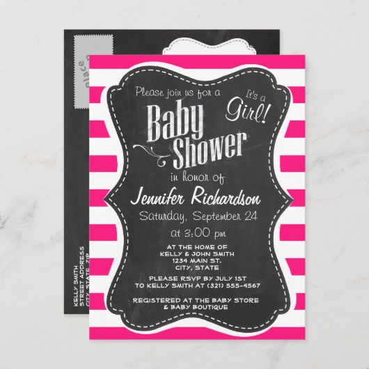 Dieproze horizontale strepen; krijtbordlook uitnodiging briefkaart (Voorkant / Achterkant)