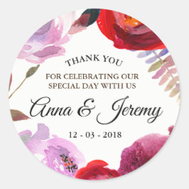 Dieproze, rode en paarse waterverf bloemsticker ronde sticker